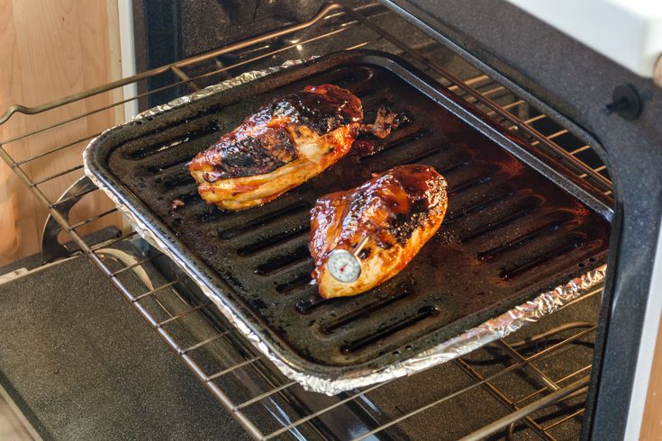 two pieces of chicken cooking on an oven rack