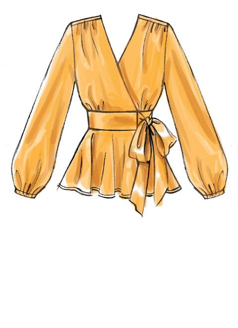 a drawing of a yellow blouse with long sleeves and a tie around the waist,