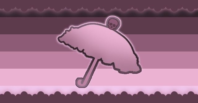 an illustration of a pink umbrella with a skull on it's head in the background