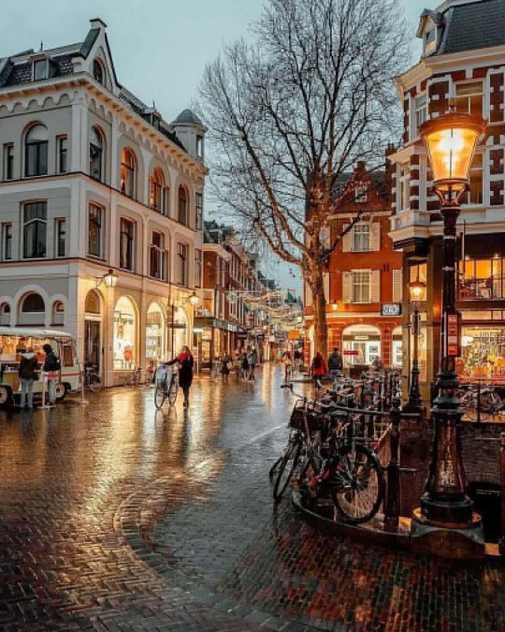 people walking down the street at night in an old european town with cobblestone streets