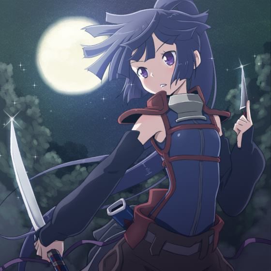 an anime character holding two swords in front of a full moon and trees with stars