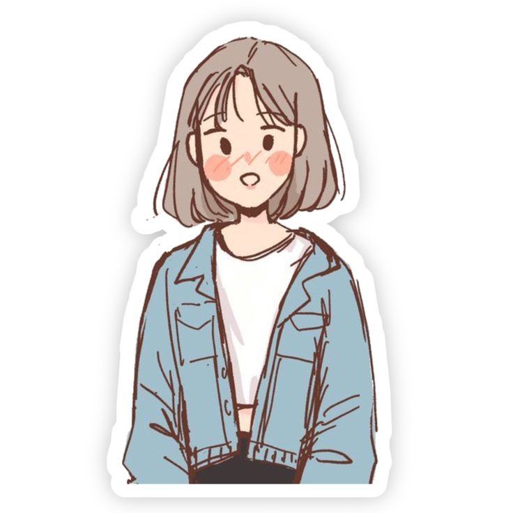 an illustrated sticker of a girl with grey hair and blue jacket, standing in front of a white background