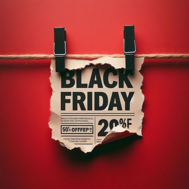 a piece of paper with the words black friday on it hanging from a rope against a red wall