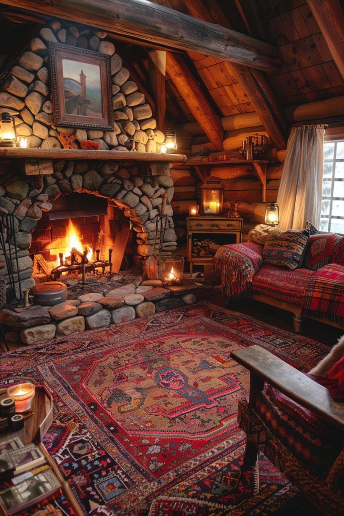 a living room filled with furniture and a fire place in the middle of a room