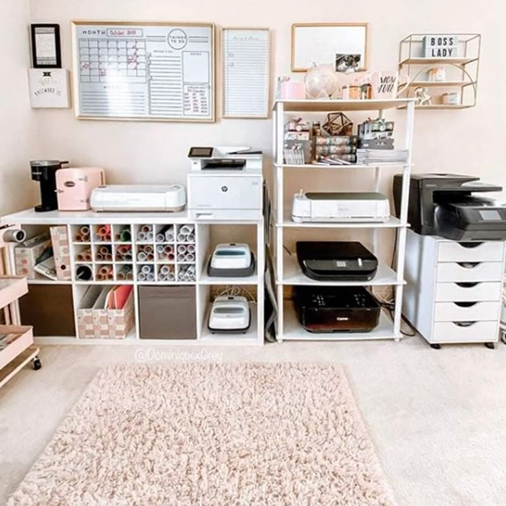 a room filled with lots of different types of office equipment and storage containers on the wall