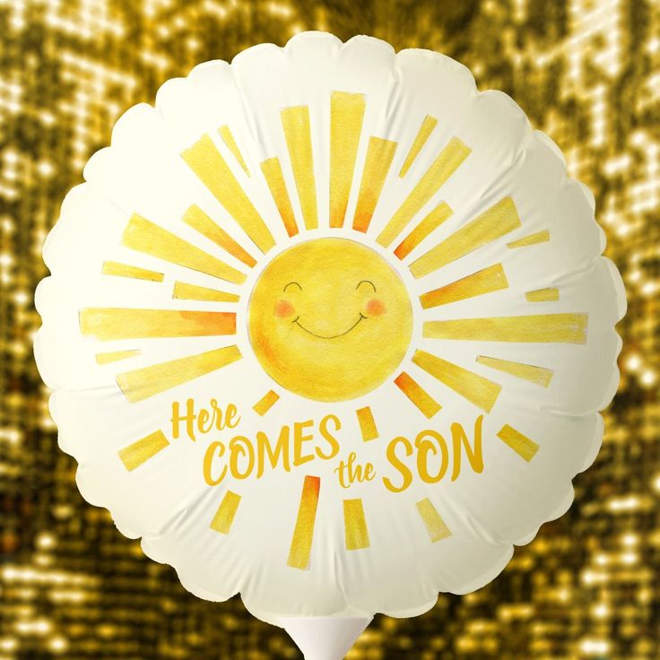 Cute whimsical simple inked smiling cheerful sun art here come the son baby shower balloon. Other matching baby shower items in this design are also available or can be created by request. © Unique hand painted ink art and design by Sarah Trett exclusively for www.mylittleeden.com only on Zazzle. Here Come The Son, Here Comes The Son, Advertisement Board, Shower Items, Baby Shower Items, Sunshine Baby Showers, Matching Baby, Yellow Sun, Sun Art