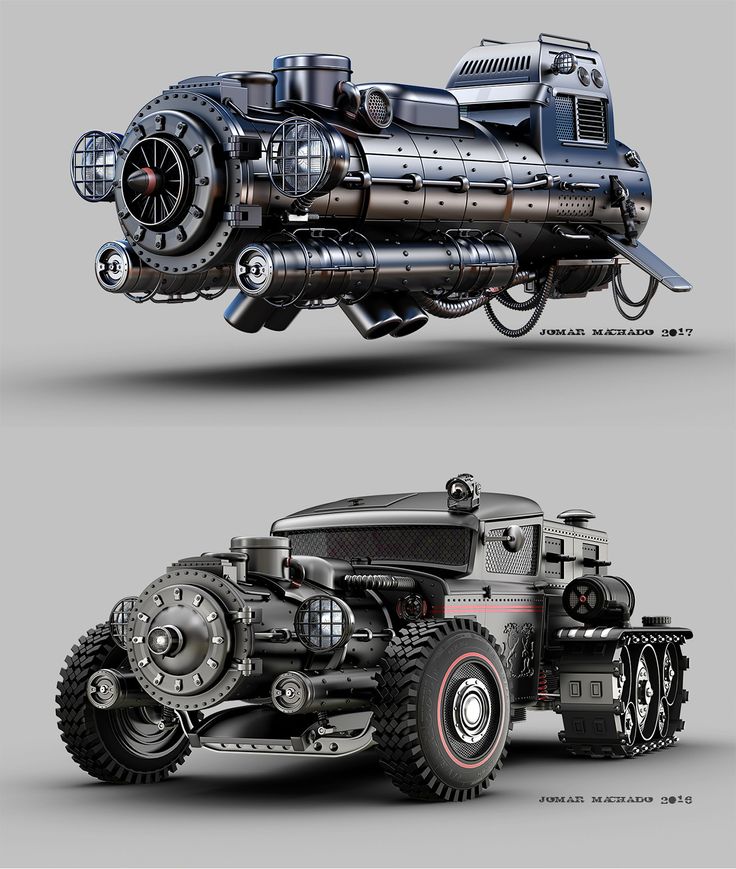 two different views of an old fashioned car with wheels and gears on the front, side and