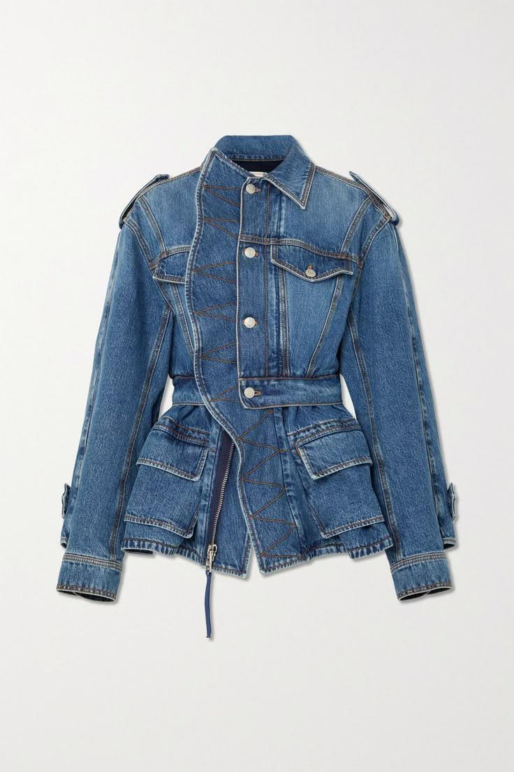 Alexander McQueen's denim jacket is like no other. It has a nipped-in waist and flouncy peplum hem that create an hourglass shape and is traced with an artful ruffle for a feminine, couture-like flourish. Wear yours with tonal jeans and ankle boots. Barbie Sewing, Alexander Mcqueen Clothing, Peplum Jacket, Flat Collar, Denim Trends, Peplum Hem, Denim Jacket Women, Casual Jacket, Jeans Denim