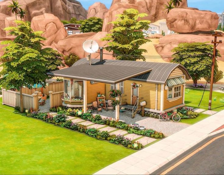 an artist's rendering of a small house in the middle of a yard