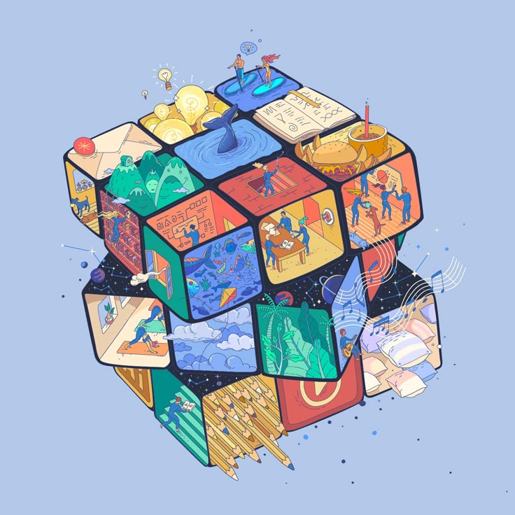 an illustration of a cube made up of many different objects