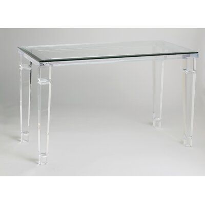 an acrylic table with two legs and a glass top on the bottom, against a white background