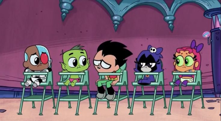 five cartoon characters sitting in chairs with their heads turned to the side and looking at each other