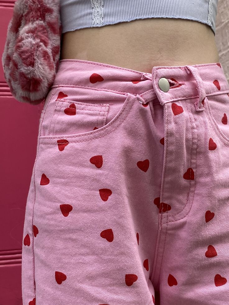 Pink Jeans With Hearts, Red Heart Jeans, Pink Dress With Red Hearts, Heart Themed Outfits Aesthetic, Lovecore Pants, Pink Red Outfit Aesthetic, Red And Pink Fashion, Lovecore Outfit Male, Heart Core Outfits