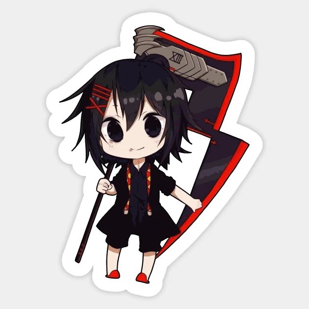 an anime character with black hair holding a red flag and a sception sticker