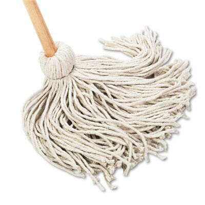 a white mop with a wooden handle on a white background, it is used to clean the floor