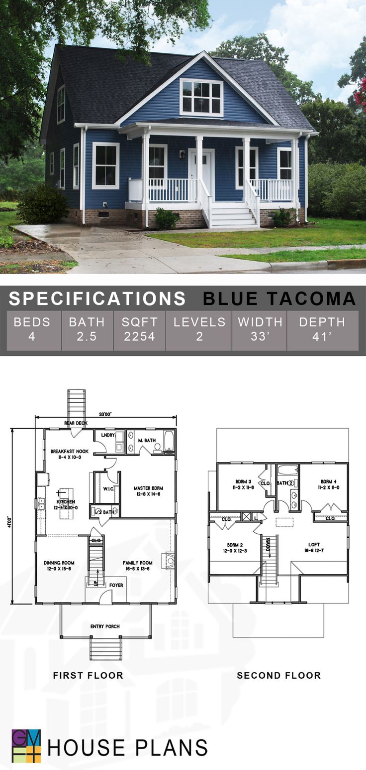 the blue house plan is shown with two levels and an open floor plan for each room