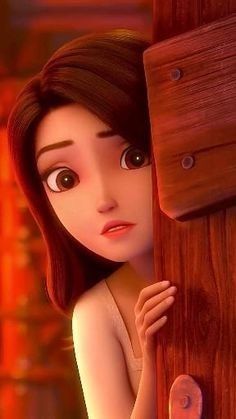 an animated character is peeking out from behind a wooden door and looking at the camera