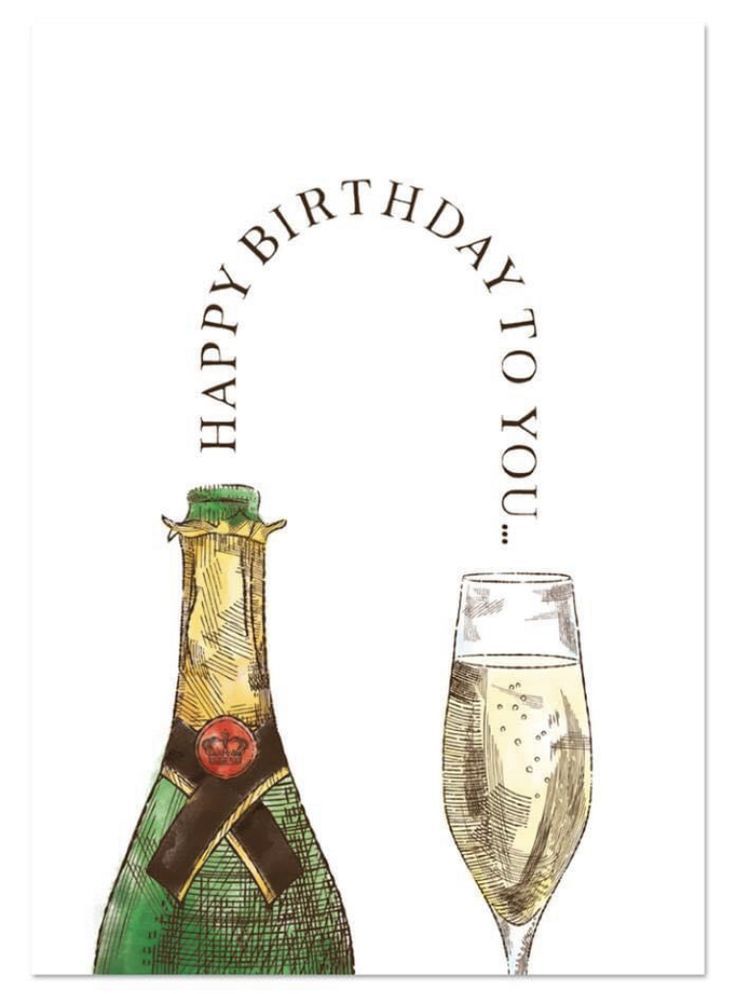 a happy birthday card with two champagne glasses and a bottle on the front, says happy birthday to you