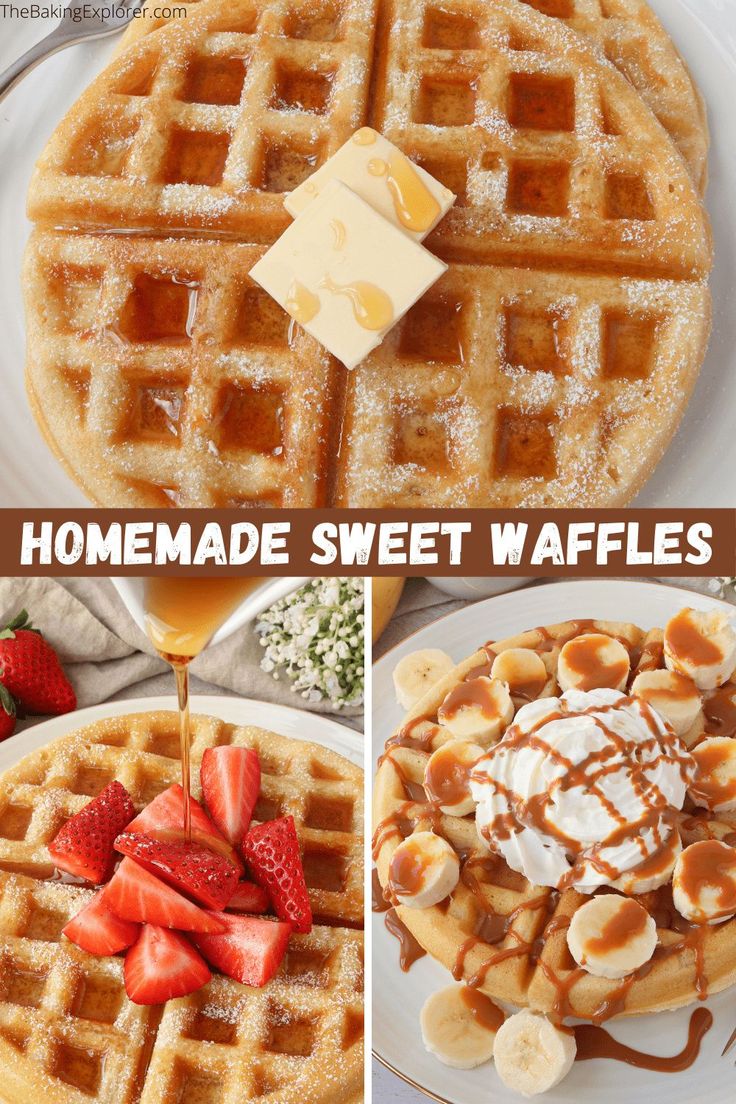 homemade sweet waffles with syrup and strawberries on the side, topped with whipped cream