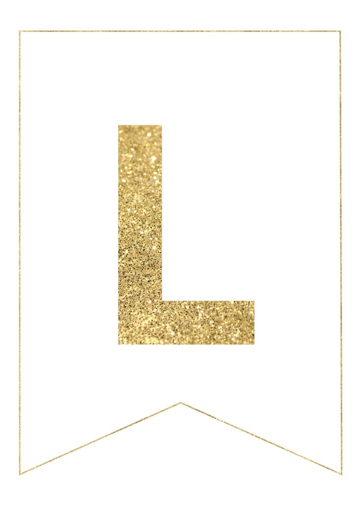 the letter l is made up of gold glitter on a white background with a golden border