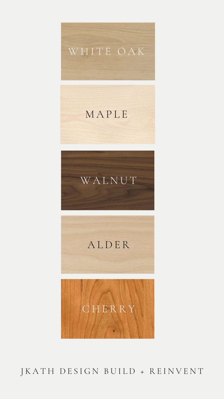 four different types of wood with the words white oak, maple, walnut, alder and cherry