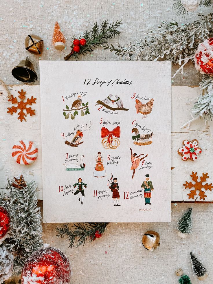 a sheet of paper with christmas decorations and ornaments around it on top of a table