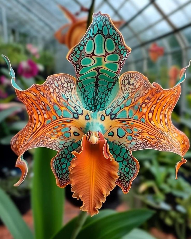 an orange and blue flower in a greenhouse