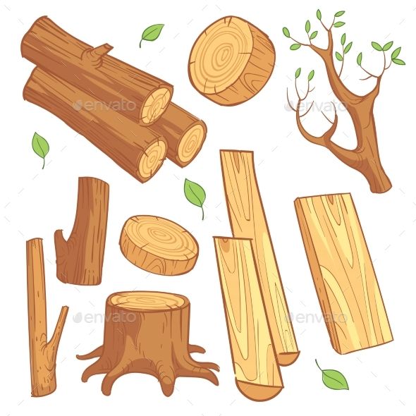 wooden logs and tree branches with leaves on white background - miscellaneous objects illustrations, clippings