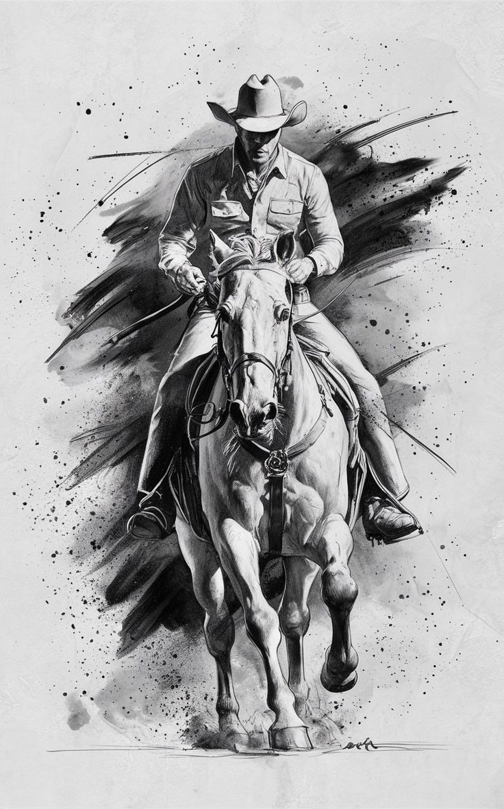 a man riding on the back of a white horse next to a black and white background