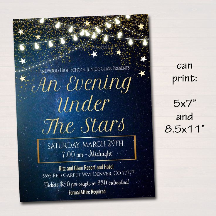 an evening under the stars party card with string lights on it and a blue background