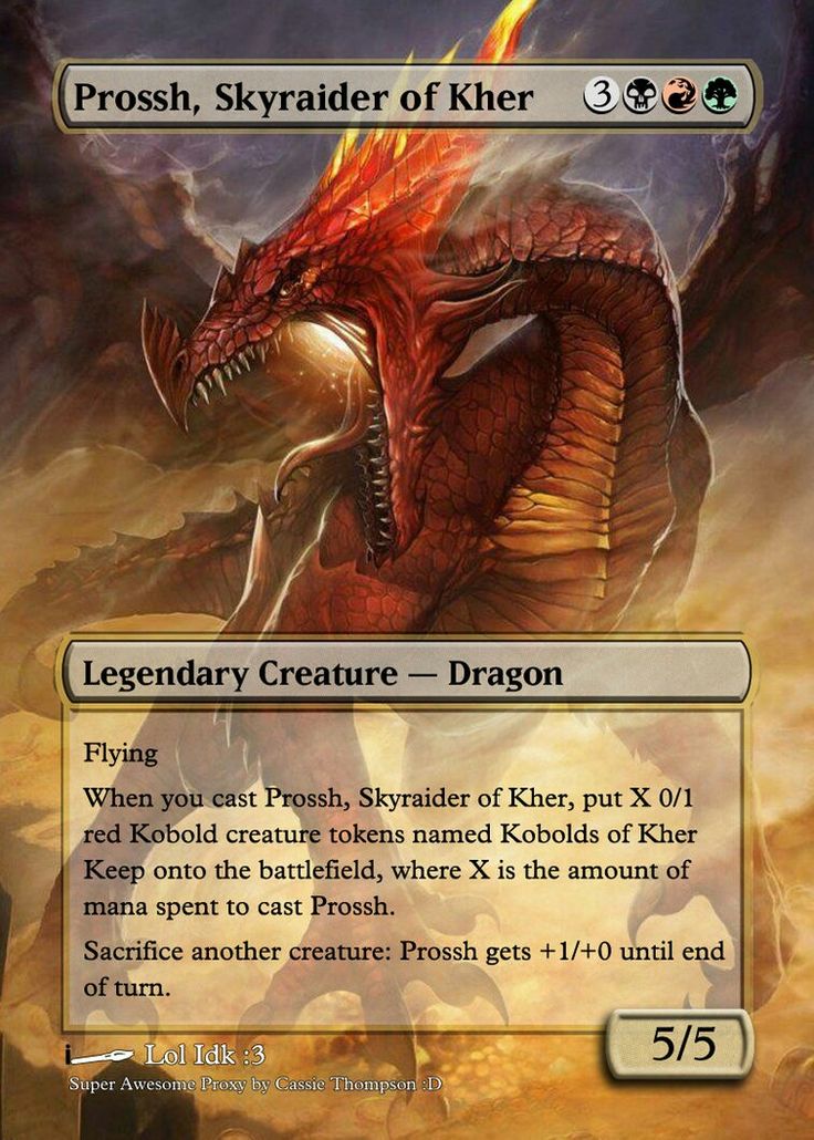 a card with an image of a red dragon on it's back and the words pross, skyridder of kher