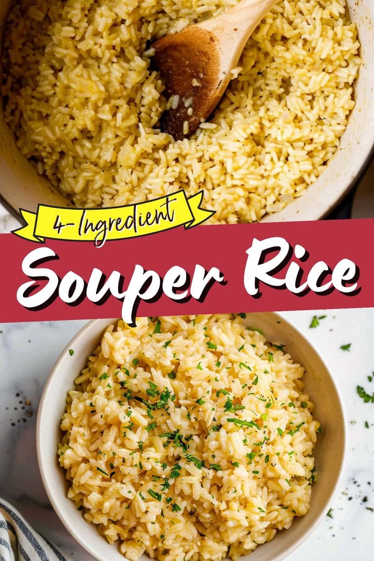 a bowl filled with rice next to a wooden spoon on top of a white table