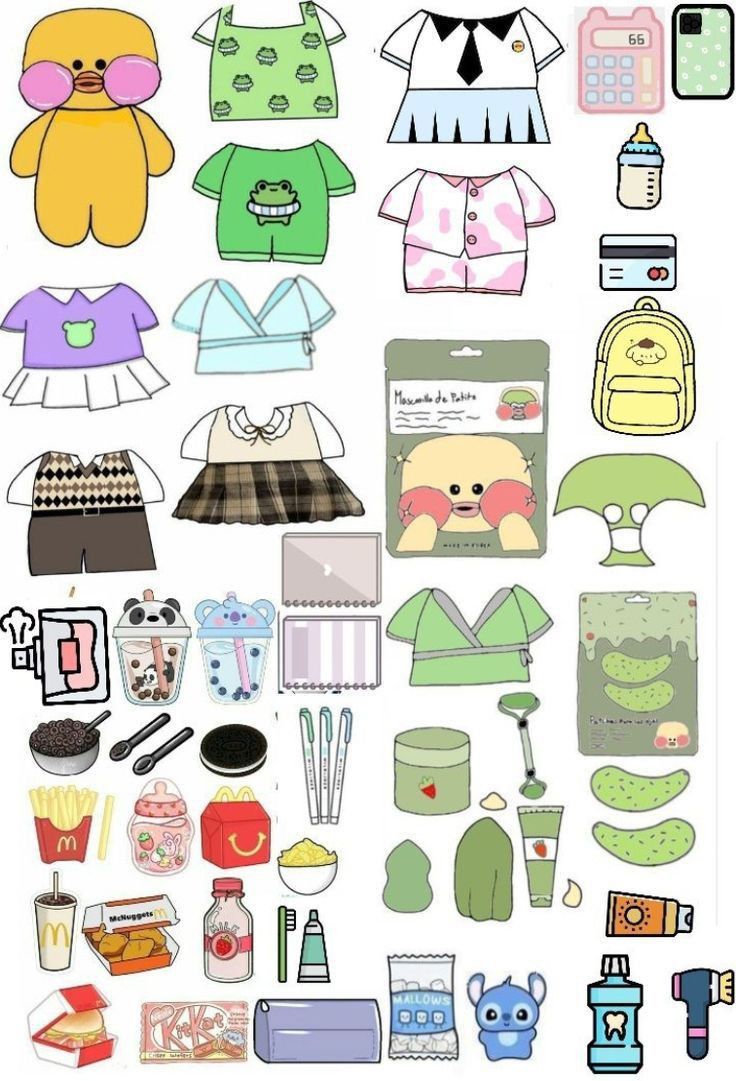 paper doll clothes and accessories are arranged on a white background