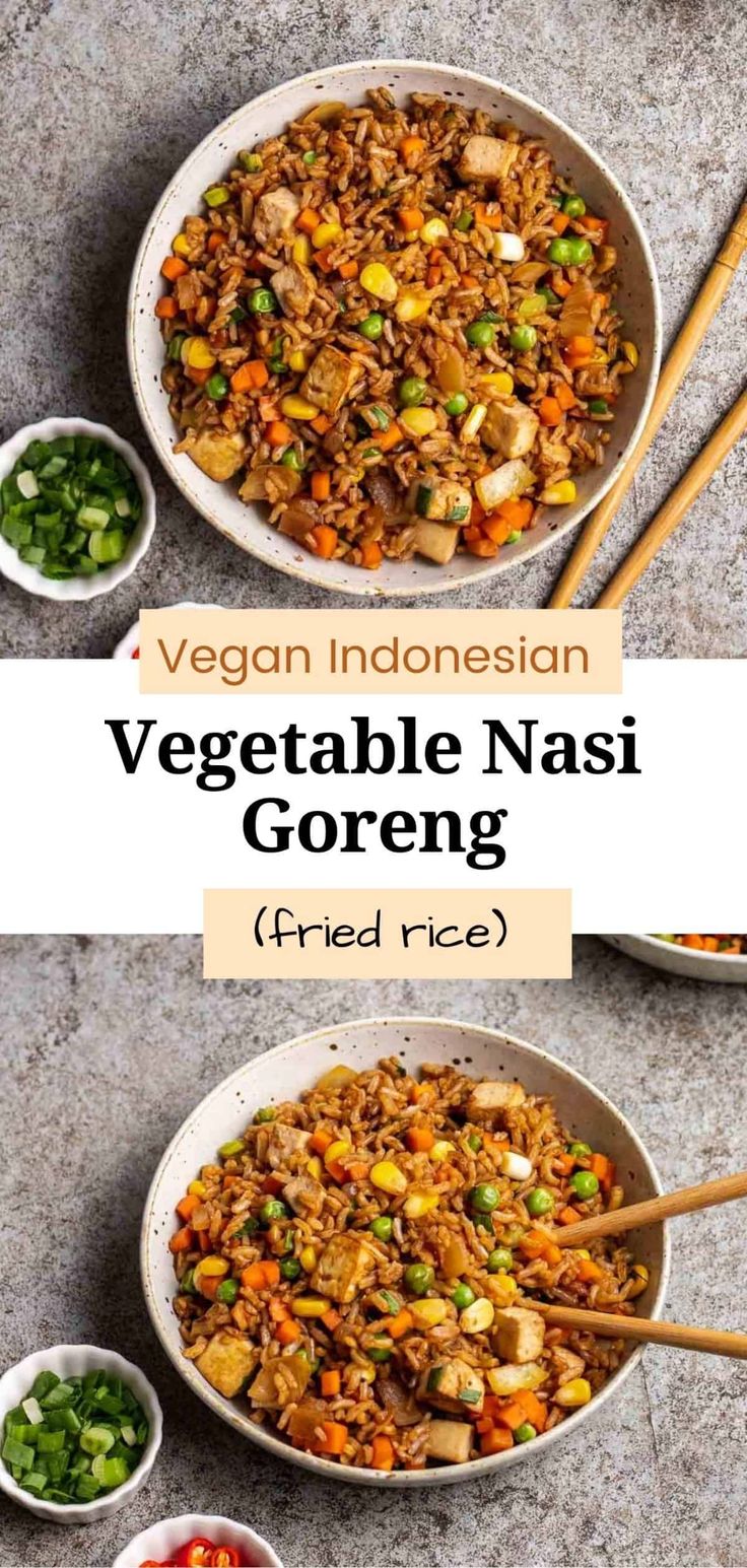 vegetable nasi goreng in two bowls with chopsticks