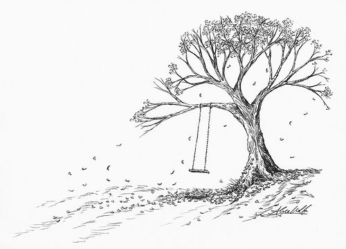 a pencil drawing of a tree with a swing