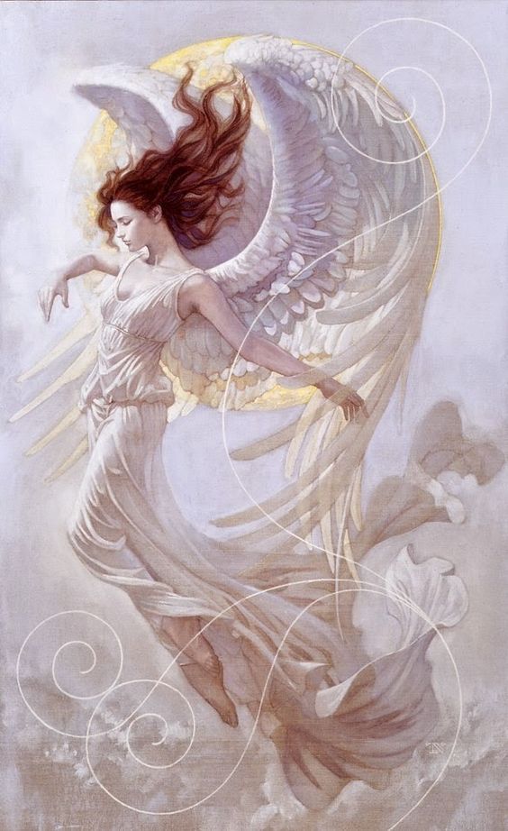 a painting of an angel with long hair and white dress holding her arms out in the air