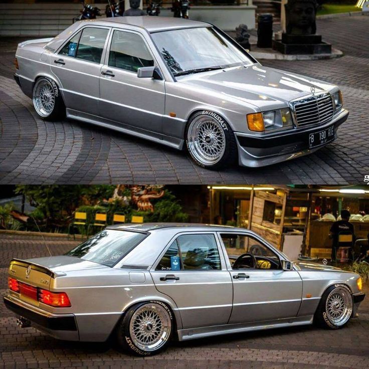 two pictures of the same car, one is silver and the other is grey with chrome rims