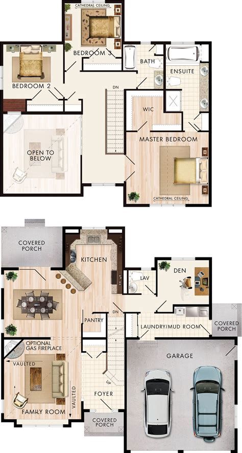 two story house plans with garage and living room in the middle, one bedroom on each floor