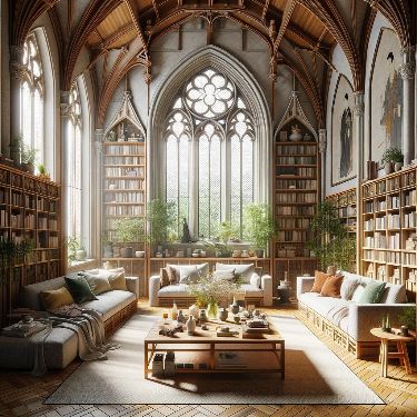 a living room filled with lots of furniture and bookshelves next to a large window