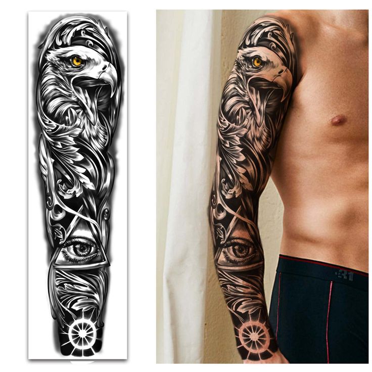 a man with tattoos on his arm next to an image of the same tattoo design