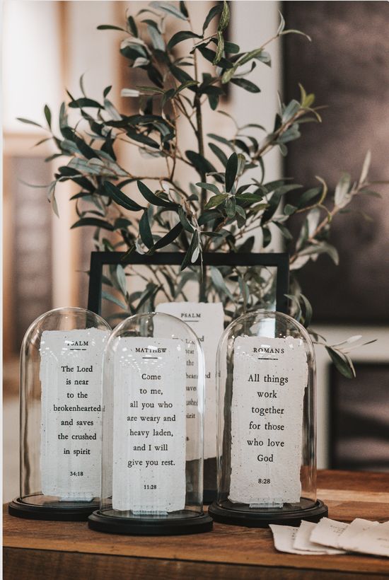 three glass bell jars sitting on top of a table next to a potted plant