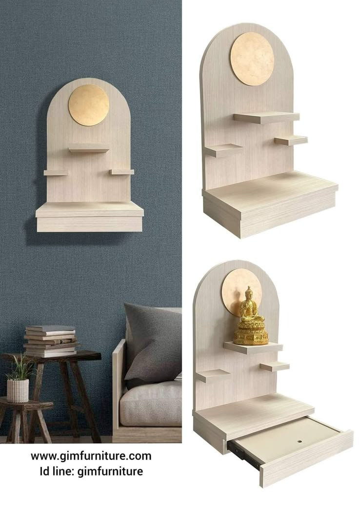 three different views of a wall shelf with shelves on each side and an open shelf below