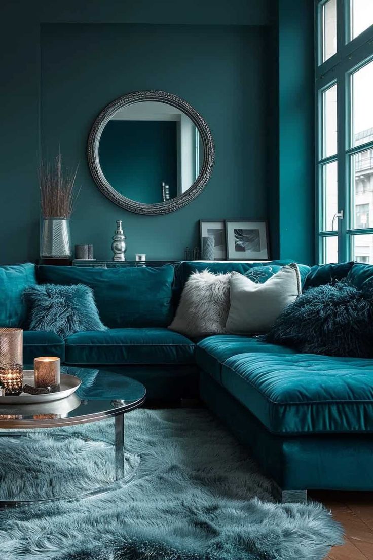 a living room with blue couches and fur rugs on the floor in front of a round mirror