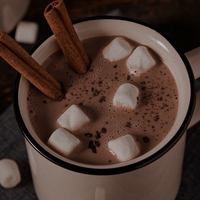 hot chocolate in a mug with marshmallows and cinnamon sticks on the side