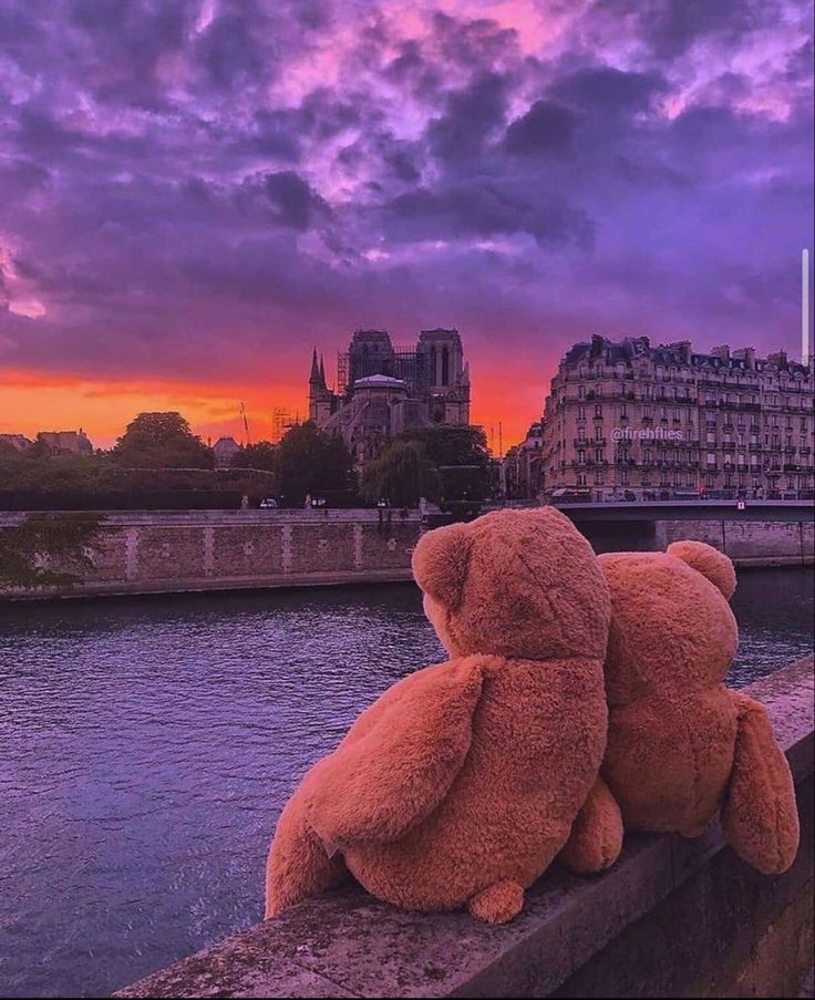 a teddy bear sitting on the edge of a bridge with buildings in the background at sunset