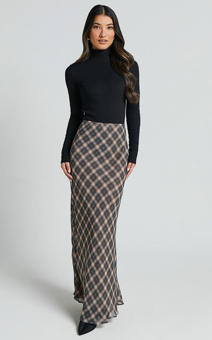 Mandy Maxi Skirt - High Waist Slip Skirt in Multi Check Fitted Multicolor Maxi Skirt For Fall, Chic Plaid Midi Skirt, Chic Fitted Plaid Skirt, Chic Relaxed Plaid Skirt, Chic Plaid Skirt, Chic Plaid Relaxed Skirt, Flowy Plaid Skirt, Plaid Pencil Skirt For Spring, Plaid Pencil Skirt For Spring Season