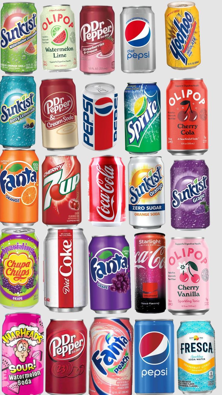 many different types of sodas are arranged in a gridlocked pattern on a white background