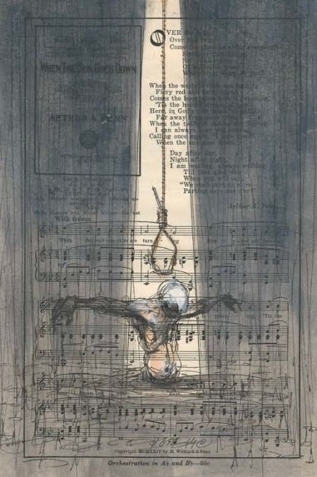 a drawing of a person standing in front of a tall column with music notes on it