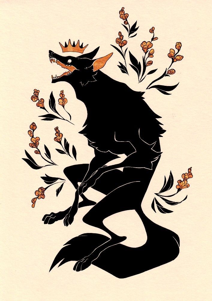 a black and white drawing of a wolf surrounded by flowers