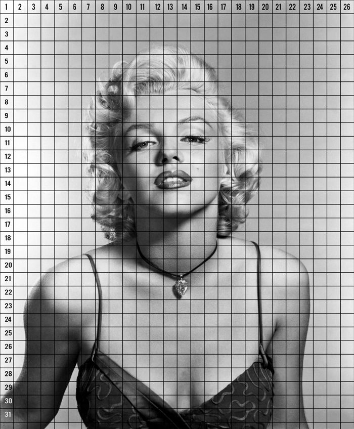 a black and white photo of a woman with her head in the middle of a grid